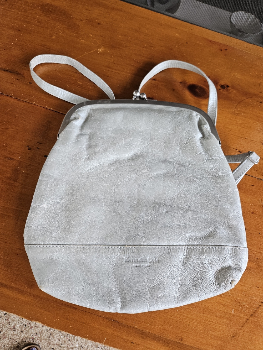 Kenneth Cole Light Gray Silver Leather Convertible Mini Backpack Kiss-Lock Purse